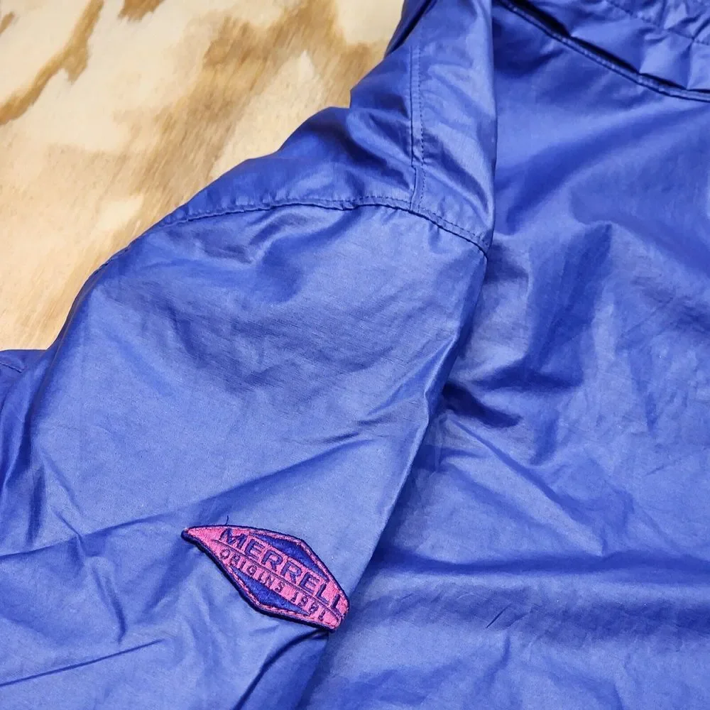 Merrell Womens M Rain Jacket Blue‎ Lightweight Button Zip Pockets Cinch Waist